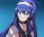  1girl ahoge bangs bishoujo_senshi_sailor_moon blue_choker blue_eyes blue_hair blue_sailor_collar blush breasts chizzy choker circlet cleavage collarbone cosplay derivative_work hair_over_shoulder hairband huge_ahoge jewelry long_hair medium_breasts meme open_mouth orie_(under_night_in-birth) sailor_collar sailor_moon sailor_moon_(cosplay) sailor_moon_redraw_challenge sailor_senshi_uniform screencap_redraw solo under_night_in-birth upper_body very_long_hair white_hairband 