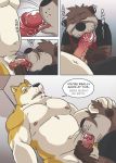  absurd_res anthro balls biceps biped bodily_fluids canid canine canis clothed clothed/nude clothed_male_nude_male clothing comic domestic_dog duo english_text erection eyes_closed fangs fellatio foreskin gabshiba genital_fluids genitals hand_on_head hi_res humanoid_genitalia humanoid_penis larger_male licking looking_pleasured male male/male mammal musclegut muscular muscular_male mustelid navel nipples nude oral oral_penetration overweight overweight_male pecs penetration penile penis penis_lick precum pubes retracted_foreskin saliva saliva_on_penis sex shiba_inu size_difference smaller_male spanish_text spitz text tongue tongue_out translated uncut whiskers 