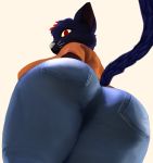 anthro big_butt bottomwear butt clothed clothing coffeewithdicks felid feline female hi_res humanoid jeans looking_at_viewer looking_back low-angle_view mae_borowski mammal night_in_the_woods pants red_eyes solo standing thick_thighs video_games worm&#039;s-eye_view 