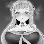  1girl breasts breath cleavage commentary_request cypress detached_collar double_bun fletcher_(kantai_collection) greyscale hairband kantai_collection large_breasts long_hair monochrome neckerchief off_shoulder sailor_collar school_uniform serafuku solo upper_body 