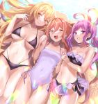  3girls :d absurdres beach bikini black_bikini blonde_hair blush breasts breasts_apart brown_eyes brown_hair cleavage collarbone commentary_request covered_navel dolly_(to_aru_kagaku_no_railgun) happy_tears highres holding_hands huge_filesize kouzaku_mitori large_breasts long_hair looking_at_viewer lying medium_breasts midriff multiple_girls nail_polish navel ocean on_back one-piece_swimsuit open_mouth pink_nails purple_eyes purple_hair purple_nails saise_chisa shokuhou_misaki small_breasts smile sparkling_eyes swimsuit symbol-shaped_pupils tears to_aru_kagaku_no_railgun to_aru_majutsu_no_index twintails very_long_hair water white_swimsuit yellow_eyes yellow_nails 