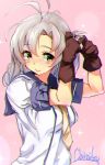  1girl brown_gloves commentary_request gloves green_eyes grey_hair hair_tie kantai_collection kinugasa_(kantai_collection) mani_oniniku neckerchief one_side_up purple_sailor_collar remodel_(kantai_collection) sailor_collar school_uniform serafuku solo tying_hair upper_body yellow_neckwear 