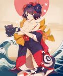  1girl absurdres bangs bare_shoulders blue_eyes blush breasts calligraphy_brush clearhand cleavage fate/grand_order fate_(series) hair_bun hair_ornament hairpin highres holding holding_paintbrush japanese_clothes katsushika_hokusai_(fate/grand_order) kimono large_breasts long_sleeves looking_at_viewer octopus off_shoulder paintbrush purple_hair purple_kimono sash short_hair waves wide_sleeves 