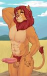  5_fingers abs absurd_res anthro balls cloud digital_media_(artwork) disney doggomeatball erection eyebrows felid fingers genitals hands_behind_head hi_res lion male mammal nude outside pantherine penis red_eyes signature simba solo the_lion_king 