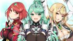  3girls :d ;o armor arms_up bangs blonde_hair blush breasts chest_jewel cleavage earrings eyebrows_visible_through_hair fingerless_gloves gloves green_earrings green_eyes green_hair hikari_(pokemon) homura_(xenoblade_2) index_finger_raised jewelry large_breasts long_hair looking_at_viewer multiple_girls one_eye_closed open_mouth pneuma_(xenoblade_2) ponytail red_eyes red_hair short_hair smile spoilers swept_bangs tiara upper_body xenoblade_(series) xenoblade_2 yappen yellow_eyes 
