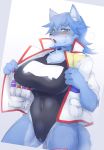  2020 anthro big_breasts black_nose blue_body blue_fur blue_hair blush breasts breath canid canine canis chest_tuft clothing countershading dildo egg_vibrator female fur grey_eyes hair hi_res htg jacket kemono looking_at_viewer mammal one-piece_swimsuit open_jacket open_mouth sex_toy simple_background solo standing swimwear topwear tuft vibrator white_background wolf 