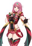  1girl :d absurdres bangs black_gloves blunt_bangs blush breasts covered_navel cowboy_shot fingerless_gloves fire_emblem fire_emblem_fates gem gloves hand_on_own_chest highleg highleg_leotard highres homura_(xenoblade_2) impossible_clothes impossible_leotard kanta_(kanta_077) large_breasts leotard long_hair mitama_(fire_emblem) multicolored multicolored_clothes neon_trim open_mouth outstretched_arm pink_eyes pink_hair red_legwear red_shorts short_shorts shorts shoulder_armor smile solo spread_fingers thighhighs tiara transparent_background wrist_guards xenoblade_(series) xenoblade_2 