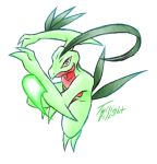  2_toes ambiguous_gender blue_eyes glowing green_body grovyle looking_at_viewer nintendo pok&eacute;mon pok&eacute;mon_(species) signature simple_background smile smirk solo toes twilightvolt video_games white_background yellow_sclera 