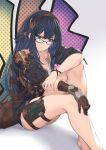  &gt;:) 1girl bangs bare_legs barefoot black-framed_eyewear black_jacket blue_eyes blue_hair blue_shorts breasts brown_gloves brown_hairband closed_mouth commentary_request eyebrows_visible_through_hair feet_out_of_frame glasses gloves granblue_fantasy hair_between_eyes hair_ornament hairband highres illnott jacket knees_up long_hair medium_breasts pak_ce puffy_short_sleeves puffy_sleeves shirt short_shorts short_sleeves shorts single_glove sitting smile solo very_long_hair white_shirt 