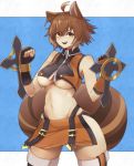  1girl ahoge alder animal_ears bare_shoulders black_gloves blazblue breasts brown_hair commentary_request cowboy_shot fingerless_gloves gloves hair_between_eyes highres large_breasts looking_at_viewer makoto_nanaya navel open_mouth short_hair skirt smile solo squirrel_ears squirrel_girl squirrel_tail standing tail thighhighs thighs underboob v-shaped_eyebrows weapon wide_hips 