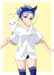  1girl animal animal_on_shoulder baggy_clothes bird bird_on_shoulder black_shorts blue_eyes blue_hairband blue_headband blue_legwear chaesu collarbone cowboy_shot forehead grin hair_between_eyes hairband headband highres original outstretched_arms pajamas_challenge purple_hair short_shorts shorts smile solo standing thighhighs updo 