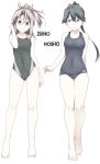  2girls barefoot black_hair black_swimsuit blue_swimsuit breasts brown_eyes character_name collarbone commentary_request competition_swimsuit contrapposto flat_chest full_body grey_eyes grey_hair hachimaki headband high_ponytail highres houshou_(kantai_collection) kantai_collection long_hair looking_at_viewer medium_breasts multiple_girls one-piece_swimsuit school_swimsuit simple_background souji standing swimsuit white_background zuihou_(kantai_collection) 