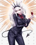 1girl alcohol arm_under_breasts ban black_jacket black_neckwear black_pants black_tail breasts business_suit collared_shirt cup demon_girl demon_horns demon_tail drinking_glass eyebrows_visible_through_hair formal gloves hair_ornament head_tilt helltaker highres holding holding_cup horns huge_breasts jacket large_breasts long_hair long_sleeves looking_at_viewer lucifer_(helltaker) mole mole_under_eye monster_girl necktie neckwear pants red_eyes red_shirt shirt simple_background smile smirk solo suit tail upper_body very_long_hair white_background white_gloves white_hair white_horns wine wine_glass 