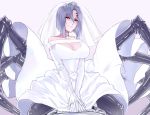  1girl arachne bare_shoulders breasts bridal_veil cleavage closed_mouth collarbone dress elbow_gloves extra_eyes extra_legs eyebrows_visible_through_hair gloves grey_hair hair_between_eyes insect_girl jewelry large_breasts looking_at_viewer monster_girl monster_musume_no_iru_nichijou rachnera_arachnera red_eyes ring short_hair simple_background spider_girl veil wedding_band wedding_dress white_dress white_gloves zakirsiz 