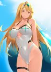  1girl 3: alternate_costume arm_behind_back bangs bare_shoulders blonde_hair blue_sky blush breasts brown_eyes cleavage closed_mouth collarbone competition_swimsuit covered_navel day frown groin highleg highleg_swimsuit hikari_(xenoblade_2) innertube large_breasts long_hair looking_at_viewer one-piece_swimsuit outdoors saisarisu sky solo straight_hair swept_bangs swimsuit thigh_strap tiara underboob underboob_cutout very_long_hair white_swimsuit xenoblade_(series) xenoblade_2 