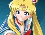  1girl bishoujo_senshi_sailor_moon blonde_hair blue_eyes blue_sailor_collar blush breasts choker cleavage collarbone commentary_request crescent crescent_earrings derivative_work diadem earrings eyebrows_visible_through_hair heart heart_choker jewelry kirisaki_reina long_hair red_choker sailor_collar sailor_moon sailor_moon_redraw_challenge sailor_senshi sailor_senshi_uniform screencap_redraw solo sweatdrop tsukino_usagi twintails upper_body 