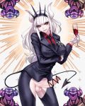  1girl alcohol arm_under_breasts ban black_jacket black_neckwear black_pants black_tail breasts business_suit censored collared_shirt cup demon_girl demon_horns demon_tail drinking_glass erection eyebrows_visible_through_hair formal futanari gloves hair_ornament head_tilt heart helltaker highres holding holding_cup horns huge_breasts jacket large_breasts long_hair long_sleeves looking_at_viewer lucifer_(helltaker) mole mole_under_eye monster_girl necktie neckwear pants penis red_eyes red_shirt shirt simple_background smile smirk solo suit tail testicles upper_body very_long_hair white_background white_gloves white_hair white_horns wine wine_glass 
