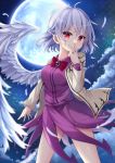  1girl absurdres beige_jacket braid breasts cowboy_shot dress feathered_wings feathers full_moon hair_between_eyes hand_to_own_mouth hand_up highres jacket kishin_sagume legs_apart looking_at_viewer medium_breasts medium_hair miy@ moon night night_sky open_clothes open_jacket outdoors purple_dress red_eyes red_hair short_hair silver_hair single_wing sky solo star_(sky) staring starry_sky touhou white_wings wings 