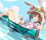  1girl :d amiya_(arknights) animal_ear_fluff animal_ears arknights bangs bendy_straw black_ribbon blue_eyes blue_shorts blue_sky blush breasts brown_hair brown_headwear bunny_ears cloud commentary_request cup day drink drinking_glass drinking_straw dutch_angle ears_through_headwear eyebrows_visible_through_hair flower goggles goggles_on_headwear hair_between_eyes hair_ribbon hat hat_flower holding holding_cup ice ice_cube innertube kildir open_mouth outdoors palm_tree plaid plaid_skirt ponytail puffy_short_sleeves puffy_sleeves red_flower ribbon short_shorts short_sleeves shorts skirt sky small_breasts smile solo straw_hat transparent tree water 