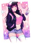  1girl baseball_cap breasts brown_hair bubble_tea casual choker cleavage crop_top d.va_(overwatch) hand_in_pocket hat headphones iahfy jacket looking_at_viewer medium_breasts midriff navel open_clothes open_jacket overwatch short_shorts shorts solo striped striped_legwear thighhighs vaporwave whisker_markings white_legwear wireless 