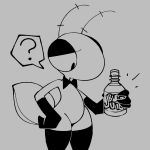  1:1 ? ambiguous_gender antennae_(anatomy) anthro armwear arthropod arthropod_abdomen bow_tie clothing elbow_gloves english_text fecharis girly gloves handwear insect juice_the_bug legwear male_(lore) monochrome solo speech_bubble squishy_(artist) text thick_thighs thigh_highs wide_hips 