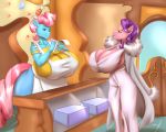  5:4 absurd_res anthro apron big_breasts blues64 breast_size_difference breasts cleavage clothed clothing crossed_arms door dress duo equid equine eyes_closed female friendship_is_magic hi_res horse huge_breasts mammal marauder6272 mature_female mrs._cake_(mlp) my_little_pony pony spoiled_rich_(mlp) 