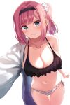  1girl absurdres bikini black_hairband breasts cleavage cloud commentary_request cowboy_shot green_eyes hair_intakes hairband highres large_breasts mismatched_bikini mochizuki_momiji new_game! one_side_up pink_hair selfie sh1m4o side-tie_bikini simple_background smug solo swimsuit thigh_gap white_background 