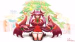  1girl antlers christmas_present christmas_tree claws commission dated dragon_horns dragon_wings dress english_commentary extra_mouth fake_antlers fingernails full_body fur_trim gold_teeth hair_between_eyes highres horns jabberwock_(monster_girl_encyclopedia) long_hair looking_at_viewer lutherniel monster_girl monster_girl_encyclopedia purple_hair red_dress red_eyes reindeer_antlers round_teeth sharp_fingernails short_dress signature sitting smile solo spread_wings teeth tentacles twintails upper_teeth wariza wings 