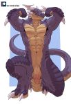  2020 abs anthro balls biceps claws dragon genitals hi_res horn humanoid_genitalia humanoid_penis male muscular muscular_male negger nude pecs penis purple_body purple_scales scales simple_background solo teeth text url 