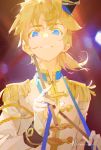  1boy a-shacho blonde_hair blue_eyes commentary dated drumsticks epaulettes glint gloves grin hat highres holding holding_drumsticks kagamine_len long_sleeves male_focus ponytail short_ponytail signature smile solo upper_body vocaloid white_gloves 