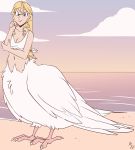  avian avian_taur bird_feet bottomless breasts clothed clothing cloud feathers female fuf hair hand_on_elbow hi_res lips looking_at_viewer outside signature sky solo talons taur water white_body white_clothing white_feathers wings 
