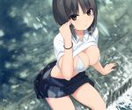  aoyama_sumika bikini_top black_hair breasts brown_eyes cleavage coffee-kizoku cropped original school_uniform shirt_lift short_hair skirt water wristwear 