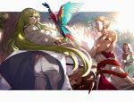  1boy 1girl 1other alternate_costume androgynous animal animal_ears animal_on_arm aora arabian_clothes bangs bird bird_on_arm blonde_hair bracelet brown_hair closed_eyes crossed_arms day dress earrings enkidu_(fate/strange_fake) eyebrows_visible_through_hair fate/grand_order fate/strange_fake fate/zero fate_(series) gilgamesh green_dress green_eyes green_hair hair_between_eyes holding hood jewelry lion_ears long_hair male_focus mouth_veil necklace red_eyes robe siduri_(fate/grand_order) smile toned tree upper_body veil very_long_hair 