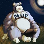  2018 animal_crossing anthro balls belly black_nose clothing curt_(animal_crossing) erection genitals hi_res humanoid_genitalia humanoid_penis male mammal mc_morrales moon night nintendo outside overweight overweight_male penis shirt solo topwear ursid video_games 