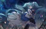  1girl absurdly_long_hair ahoge aqua_eyes aqua_hair bare_shoulders black_legwear dress dutch_angle falling_petals from_below fur-trimmed_skirt fur_trim grass hair_ornament hands_clasped hands_together hatsune_miku highres k.syo.e+ long_hair looking_away night night_sky outdoors own_hands_together parted_lips petals power_lines praying skirt sky sleeveless sleeveless_dress solo star_(sky) starry_sky strapless strapless_dress thighhighs transmission_tower twintails very_long_hair vocaloid white_dress 