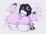  &lt;3 anthro belly big_breasts breasts cleavage clothed clothing crecent female fur giant_panda hair huge_breasts luna_paws makeup mammal navel nipples plushie simple_background sleeping slightly_chubby smutbunny solo topwear ursid white_body white_fur 
