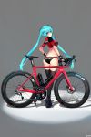  1girl ass back bicycle black_hair black_legwear blue_eyes blue_hair breasts commentary fingerless_gloves gloves ground_vehicle hatsune_miku highres korean_commentary looking_at_viewer shaojiang smile solo thighhighs tiptoes twintails vocaloid 