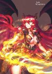  1girl artist_name breasts cleavage commentary commission dated demon_horns demon_wings english_commentary flaming_sword flaming_weapon horns large_breasts long_hair lutherniel monster_girl orange_eyes original red_hair runes solo sword weapon wings 