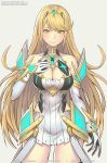  1girl bangs bare_shoulders blonde_hair breasts cleavage cowboy_shot dress elbow_gloves gem gloves hand_on_own_chest headpiece hikari_(xenoblade_2) jewelry long_hair marfrey smile solo swept_bangs tiara white_dress white_gloves xenoblade_(series) xenoblade_2 yellow_eyes 