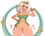  1girl bangs breasts chakram cleavage crown domination headband holding hoop huge_weapon hula_hoop league_of_legends looking_at_viewer medium_breasts navel nude pacha_(pachastuff) pussy qiyana_(league_of_legends) red_eyes smile solo thick_thighs thighhighs thighs tiara weapon white_hair wide_hips 