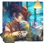  1girl blurry breasts brown_hair city city_lights cityscape cleavage closed_mouth cup depth_of_field earrings idolmaster idolmaster_shiny_colors jewelry looking_at_viewer nail_polish night reflection ring roki_(0214278) solo symbol_commentary tagme tanaka_mamimi tea teacup 