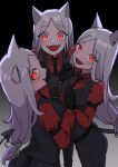  3girls :d animal_ears black_background black_gloves black_neckwear black_suit cerberus_(helltaker) demon_tail dog_ears fangs gloves gradient gradient_background helltaker highres holding_hands kurisustinah looking_at_viewer multiple_girls open_mouth red_eyes red_shirt shirt silver_hair simple_background smile standing tail 