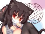  1girl animal_ears animal_hat bangs black_hair blush breasts cat_ears cat_tail eyebrows_visible_through_hair hat large_breasts long_hair looking_at_viewer mask mia_flatpaddy mouth_mask original red_eyes shoulder_cutout slit_pupils syroh tail 