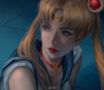  1girl artist_name bishoujo_senshi_sailor_moon blonde_hair blue_eyes breasts cleavage earrings hair_ornament headband heart highres jewelry long_hair looking_away magical_girl moon sailor_moon sailor_moon_redraw_challenge solo twintails zed_(trungbui42) 
