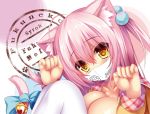  animal_ears bell blush bow breasts catgirl hoodie mask no_bra open_shirt original pink_hair shia_flatpaddy syroh tail thighhighs twintails watermark yellow_eyes 