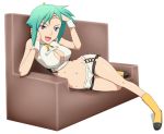  1girl aquarion_(series) aquarion_evol bare_shoulders breasts cleavage cleavage_cutout couch green_hair looking_at_viewer midriff navel open_mouth purple_eyes ribonzu short_hair short_shorts shorts simple_background smile solo white_background wrist_cuffs zessica_wong 