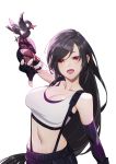  1girl :d arm_up bangs bird black_hair black_skirt breasts cleavage collarbone elbow_gloves elbow_pads final_fantasy final_fantasy_vii final_fantasy_vii_remake fingerless_gloves gloves highres huang_(volt0526) large_breasts long_hair looking_at_viewer low-tied_long_hair midriff navel open_mouth red_eyes simple_background skirt smile solo suspender_skirt suspenders swept_bangs tank_top tifa_lockhart very_long_hair white_background white_tank_top 