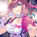  1girl aqua_eyes bangs blurry_foreground breasts brown_hair character_name cleavage collarbone commentary_request dated eyebrows_visible_through_hair frills hair_ornament hand_up highres holding holding_microphone looking_at_viewer medium_breasts medium_hair microphone music nail_polish nijisanji open_mouth outstretched_hand pink_nails saine singing single_sleeve solo suzuhara_lulu teeth upper_body virtual_youtuber x_hair_ornament 