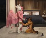  (@raven_god_art) angel_dragon anthro bedroom bedroom_setting bodily_fluids canid canine canis cum domestic_dog dragon duo ejaculation genital_fluids german_shepherd hedax herding_dog male male/male mammal pastoral_dog 