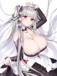  1girl azur_lane bangs between_breasts blush breasts cleavage dress formidable_(azur_lane) frilled_dress frills grey_hair highres large_breasts long_hair long_sleeves melomelo_d red_eyes ribbon solo twintails two-tone_dress two-tone_ribbon very_long_hair 